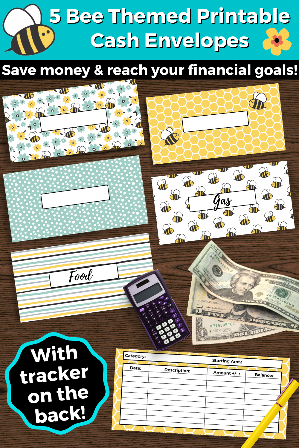 5 Bee Themed Printable Cash Envelopes with Transaction Tracker- For Instant Download