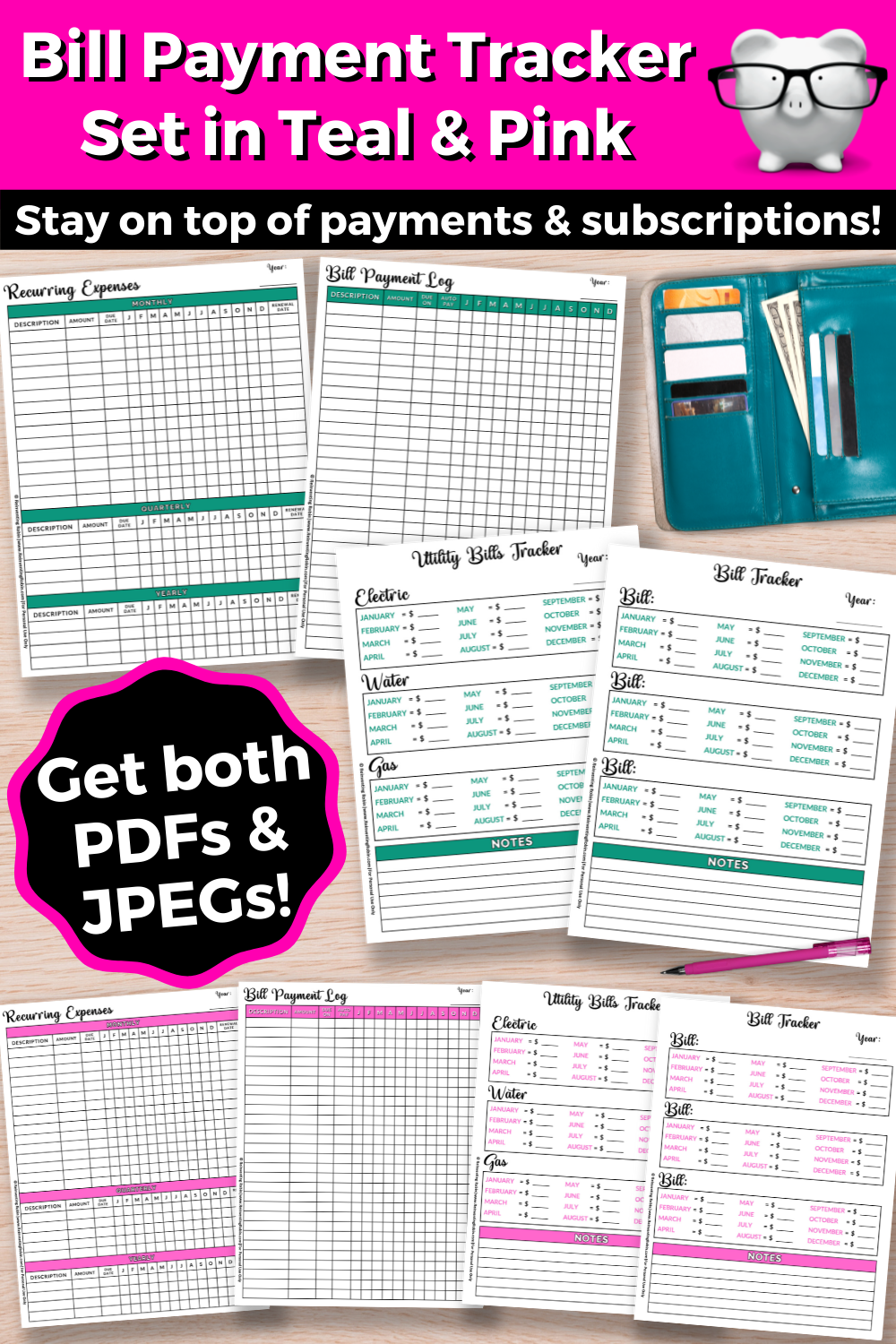 Minimalist Bill Payment Tracker Set in Teal & Pink (8 Pages Total) - For Instant Download