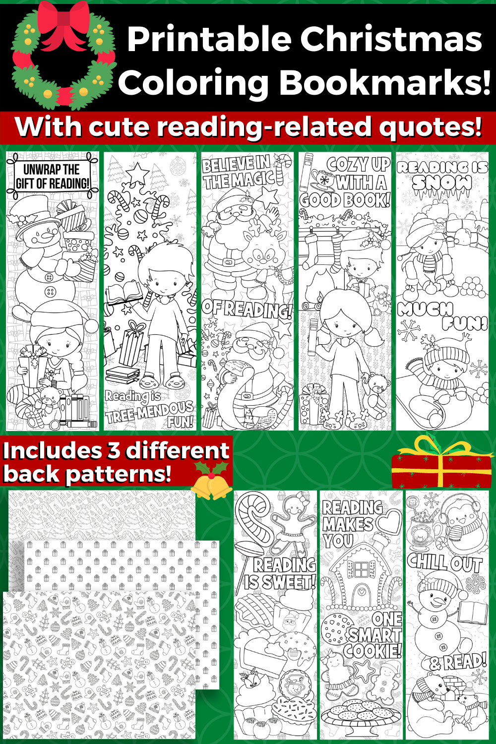 Picture of 8 printable Christmas coloring bookmarks including the 3 different back patterns.