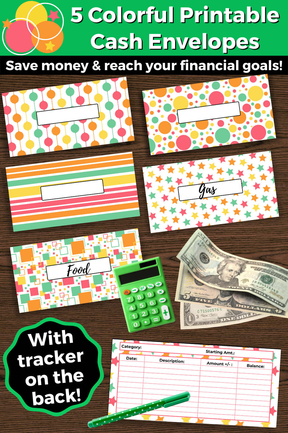 5 Colorful Printable Cash Envelopes with Transaction Tracker- For Instant Download
