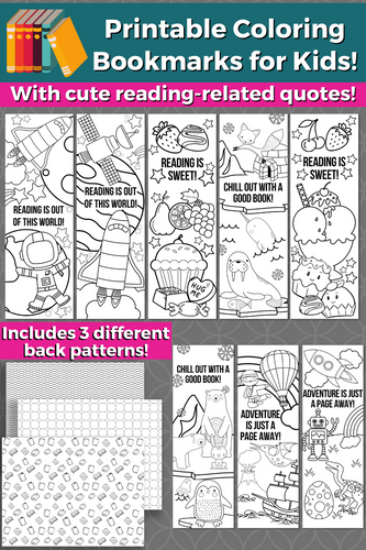 Picture of 8 printable coloring bookmarks with cute reading related quotes, including the 3 different back patterns of wavy lines, books, and square boxes.