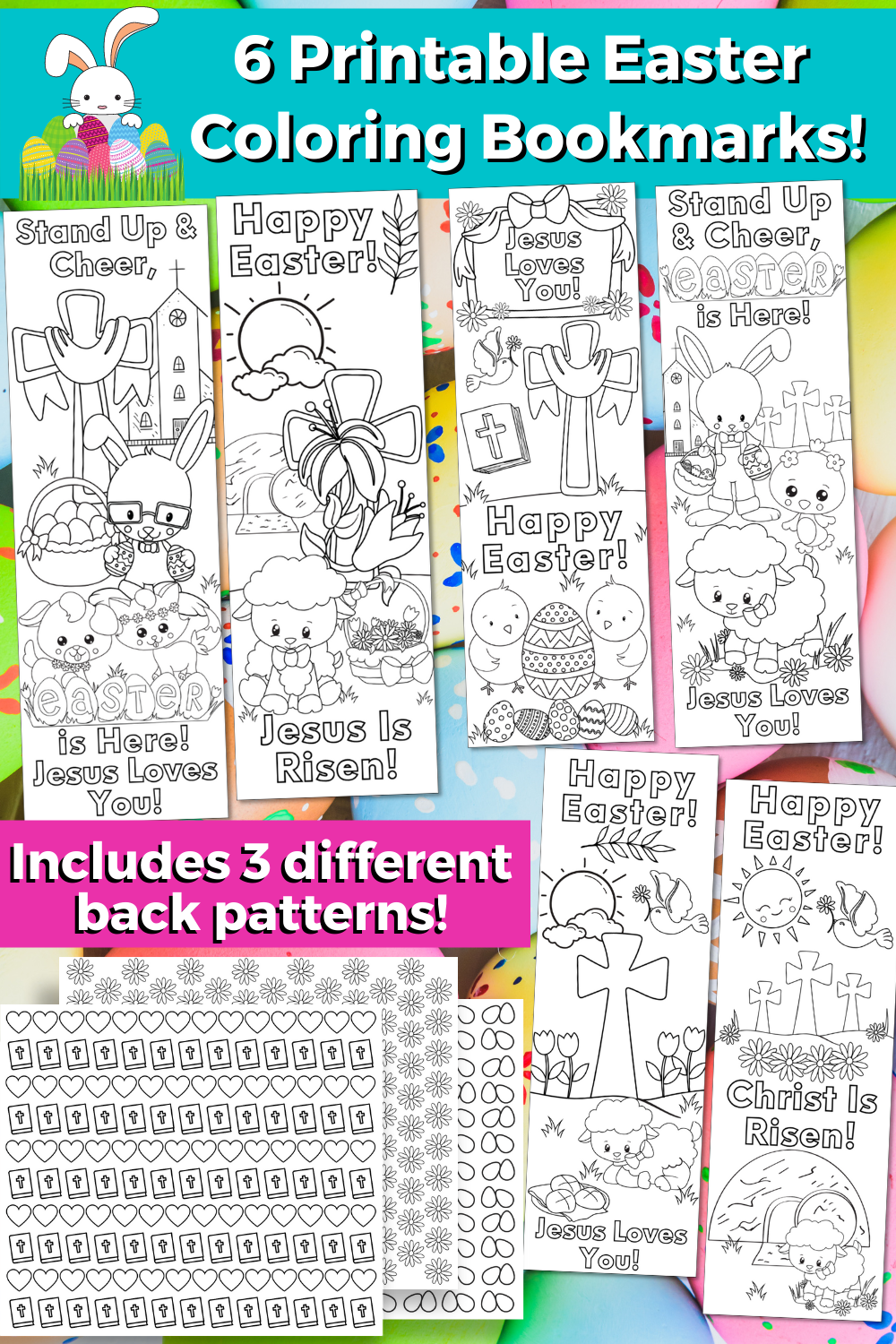 Shows a picture of the 6 printable Easter coloring bookmarks and the 3 different back patterns.