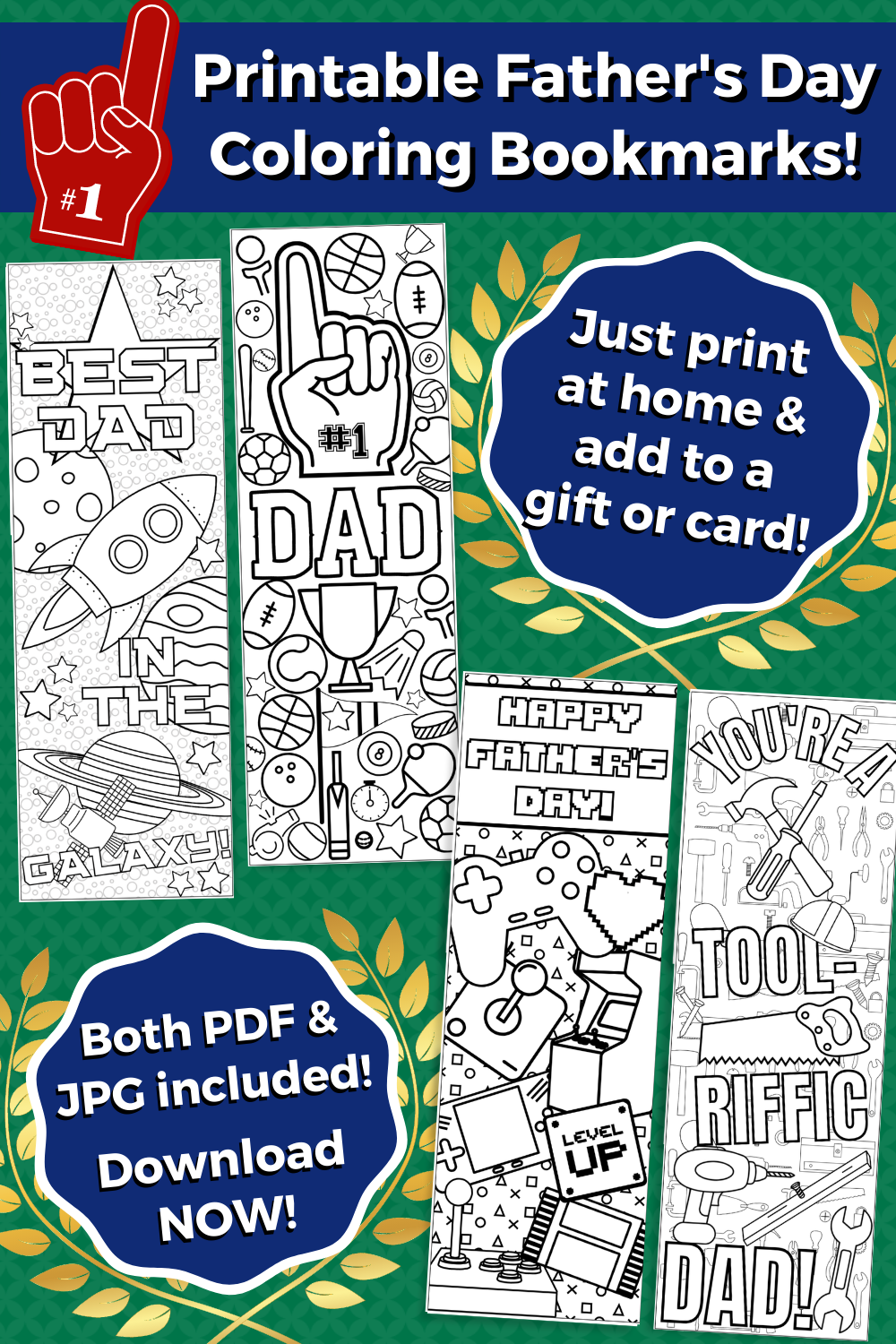 4 Printable Father's Day Coloring Bookmarks - For Instant Download