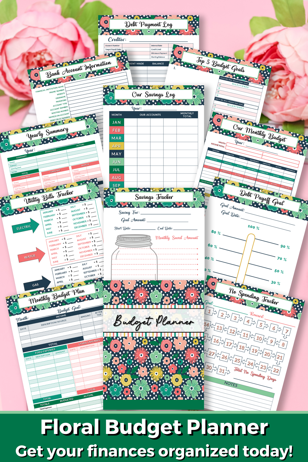 Shows a picture of several of the pages from the floral budget planner. States get your finances organized today!