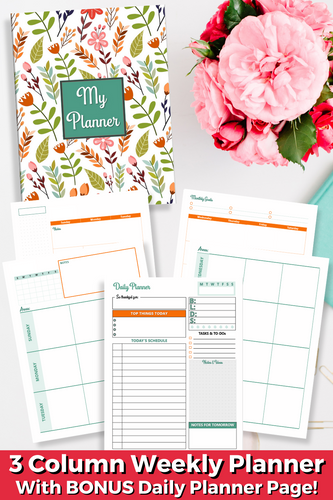 Shows a picture of the floral planner cover and a few pages of the planner. States 3 column weekly planner- with bonus daily planner page!