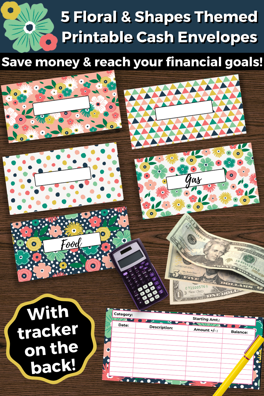 5 Flowers & Shapes Themed Printable Cash Envelopes with Transaction Tracker- For Instant Download