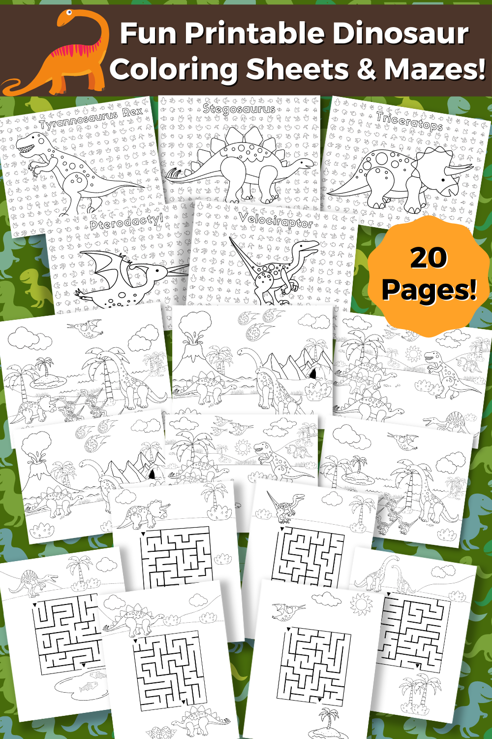 Shows a picture of some of the pages of the dinosaur coloring and activity sheets. States Fun Printable Dinosaur Coloring Sheets & Mazes- 20 pages!
