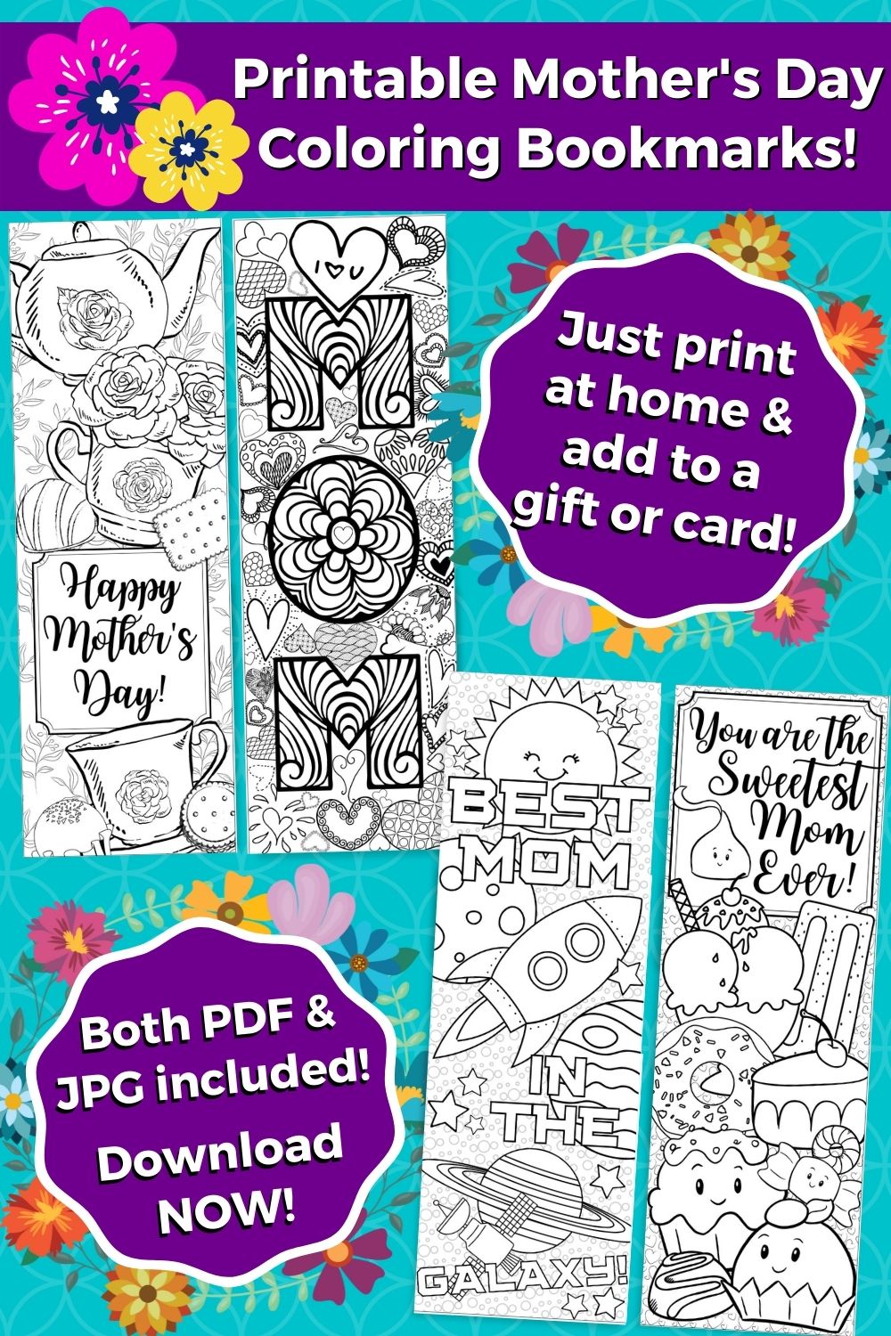 4 Printable Mother's Day Coloring Bookmarks - For Instant Download