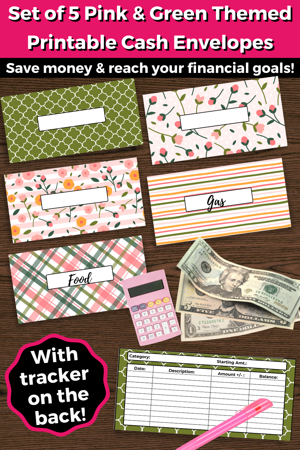 5 Pink & Green Printable Cash Envelopes with Transaction Tracker- For Instant Download