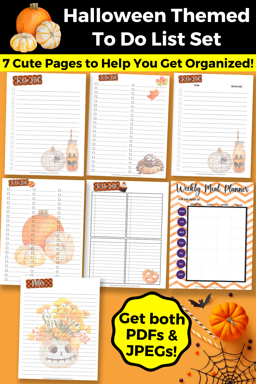 Printable Halloween Themed To Do List Set (7 Pages) - For Instant Download
