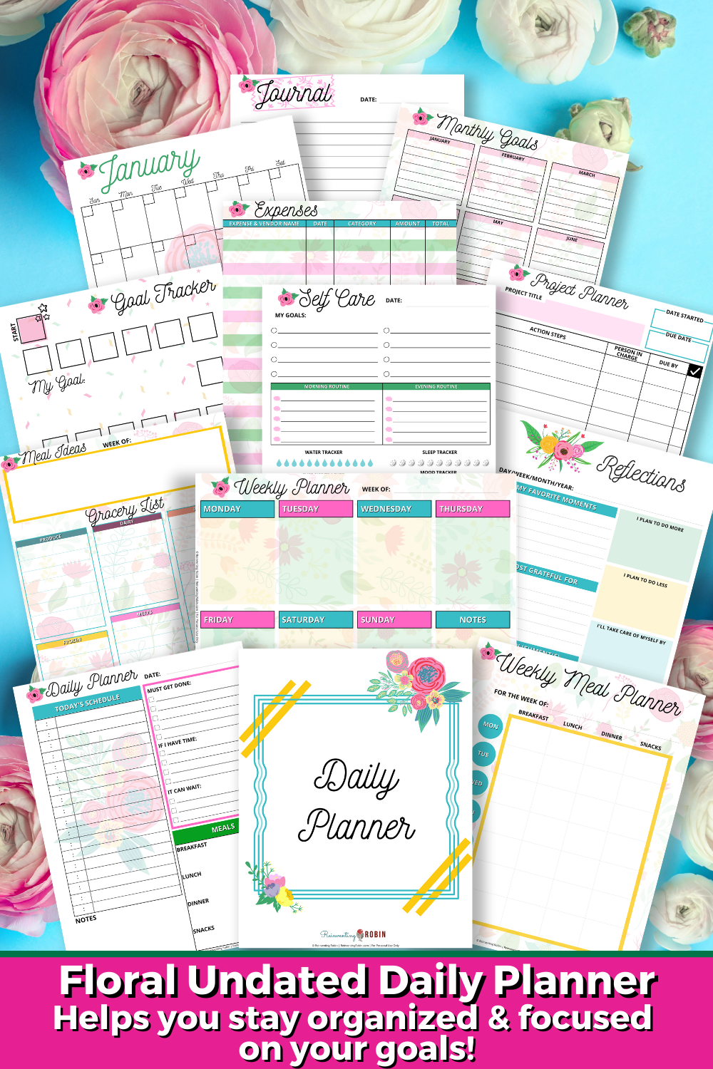 Picture of some of the pages of the Floral Undated Daily Planner. Also states Helps you stay organized & focused on your goals!