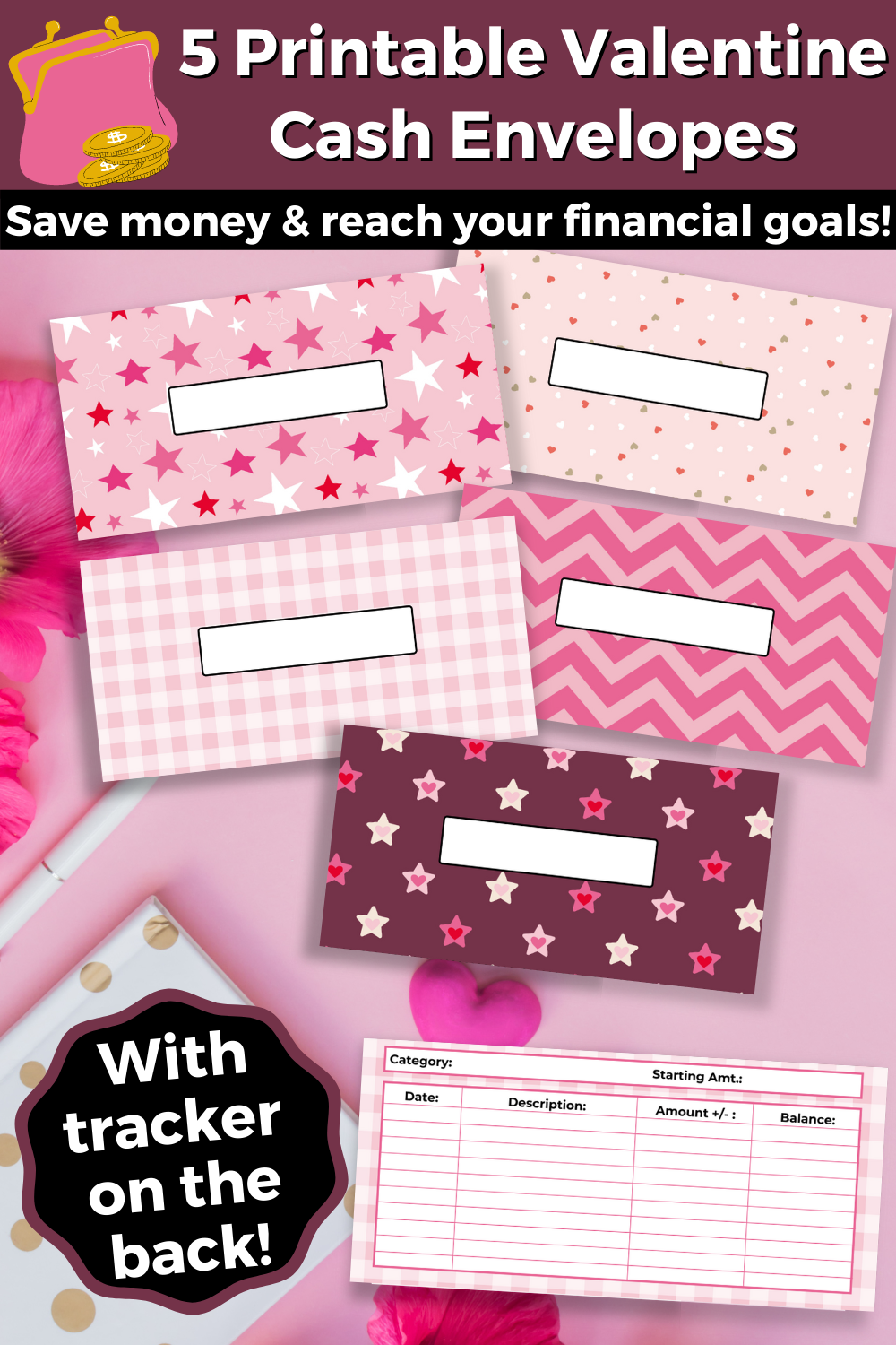 5 Valentine Printable Cash Envelopes with Transaction Tracker- For Instant Download