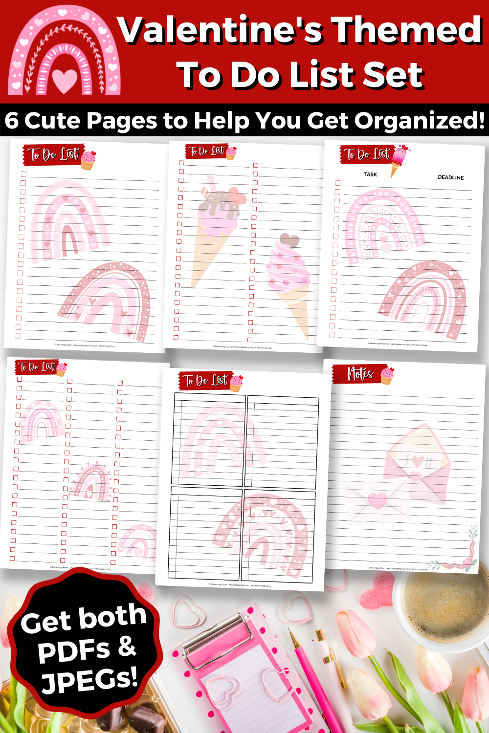 Printable Valentine's Themed To Do List Set (6 Pages) - For Instant Download